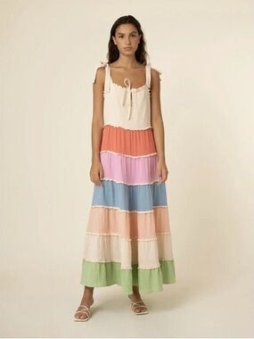 FRNCH Laurel Multi-Color Tiered Maxi Dress Tie Straps